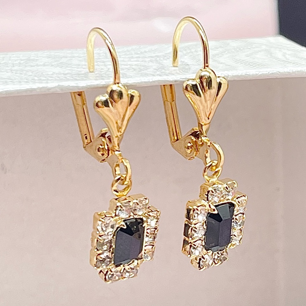 18k Gold Filled Black Emerald Cut Cubic Zirconia French Lock Earrings ✨